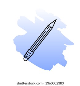 Vector illustration of pencil. Black line pencil on color blot