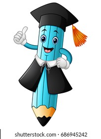 Vector illustration of a pencil cartoon wearing a graduation cap with giving thumbs up