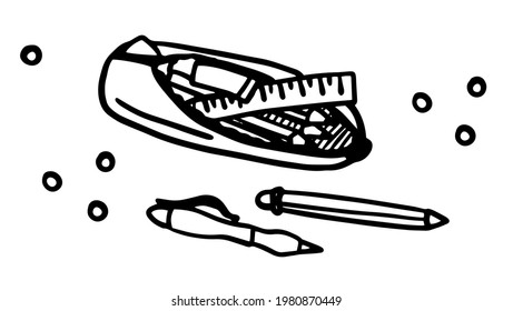 Vector illustration of a pencil case. Doodle. Pen, pencil, ruler. White isolated background