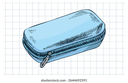 Ilustração vetorial de uma caixa de lápis em estilo vintage desenhado à mão. Inclui versões monocromáticas e em cor azul no plano de fundo do bloco de anotações de grade. Ideal para projetos escolares e de papelaria.