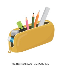 Vector illustration of pencil case on white background. There are pencils, erasers, pencil sharpeners, highlighters and rulers in the pencil case. School or office stationery supplies.