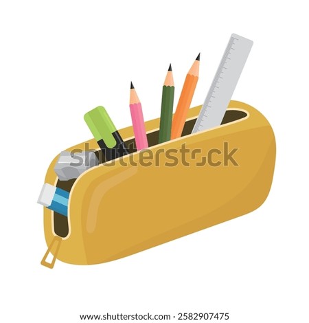 Vector illustration of pencil case on white background. There are pencils, erasers, pencil sharpeners, highlighters and rulers in the pencil case. School or office stationery supplies.