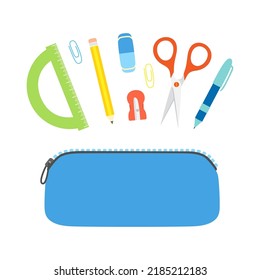 vector illustration of pencil case with stationery, back to school, supplies and writing materials in flat style, box with colored pencil, pen, sharpener, ruler, scissors, paper clip and eraser