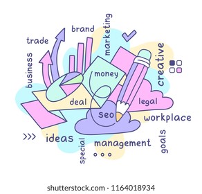 Vector illustration with pencil, cloud, graph and keyword on white background. Creative business composition line art style design for web, site, banner, presentation