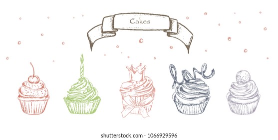 Vector illustration. Pencil drawn cakes set. Chalk style vector objects.