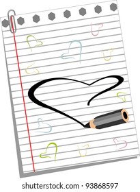 Vector illustration of pencil draws colorful  heart shapes on note book paper for Valentines Day and other occasions.
