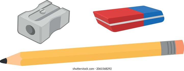 Vector illustration of pencil, eraser and a sharpener