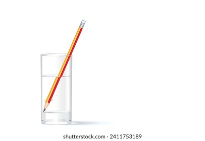 Ilustración vectorial del lápiz con una punta borrador sumergida en un vaso de agua, lápices de madera sumergidos en el agua, aislados en el fondo blanco. Experimento de refracción ligera, Lápiz en vidrio es grande, Estudio de aprendizaje.