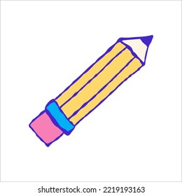 Vector illustration of pencil in hand drawn style with imitation of blue ball pen ink cartoon doodle colored with bright colors