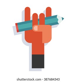 Vector illustration of pencil in hand isolated on white background. Punching up in the air whilst holding a pencil