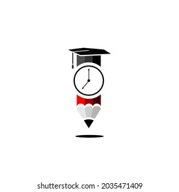 Vector Illustration Of Pencil Icon, Graduation Clock And Hat, Education Logo