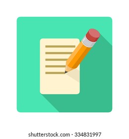 A vector illustration of a Pencil and paper Icon.
Small pencil writing note Flat Icon Illustration.
Vector writing pencil on paper document.