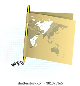 Vector illustration of a pencil and a paper map of the world on the notebook sheet in the box, the web is displayed. Isolated object.