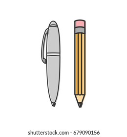 Vector illustration of a pencil and pen. Icon. Flat style.