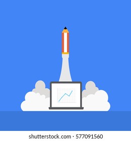Vector illustration of pencil rocket launching with notebook in business concept