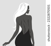 Vector illustration in pencil sketch style in black and white. Elegant sexy woman with white long hair in black dress with bare back. All elements are isolated from each other.