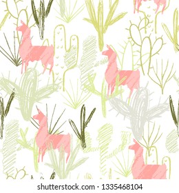 Vector illustration. Pencil style cactus set and pink llama background. Element of seamless pattern.