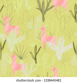 Vector illustration. Pencil style cactus set and pink llama background. Element of seamless pattern.