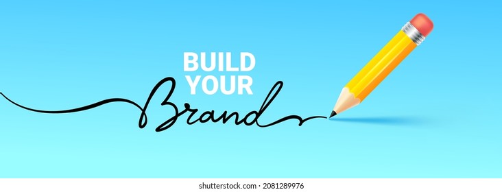 Ilustración vectorial de lápiz y texto construye su marca. Fondo azul decorativo abstracto de negocios con marca de palabras para banner de negocios, afiche, impresión