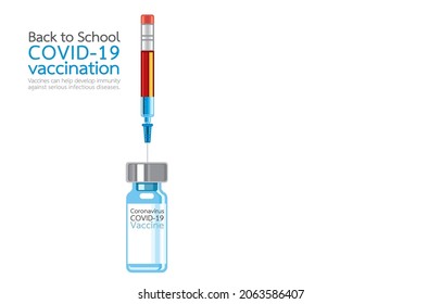 Vector illustration of pencil turned into syringe stuck in vaccine bottle,design template,simple text, COVID-19 vaccination,on white,Children at risk of contracting COVID-19 back to school Concept.
