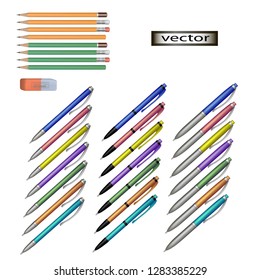 Vector illustration of a pencils eraser, and ball point Pens automatic writing stationery set great for school different handle shape and model
