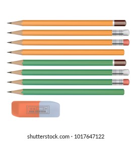 Vector illustration. Pencils and eraser for sketching, stationery. Realistic images of isolated.