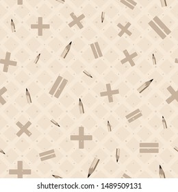 Vector illustration of pencils and math symbols on dotted lattice background. Monochromatic seamless pattern for back to school supplies, textile, gifts, wallpaper and scrapbooking.