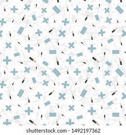 Vector illustration of pencils and math symbols on textured white background. Seamless pattern for back to school supplies, textile, gifts, wallpaper and scrapbooking.