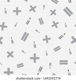 Vector illustration of pencils and math symbols on white grid background. Seamless pattern for back to school supplies, textile, gifts, wallpaper and scrapbooking.