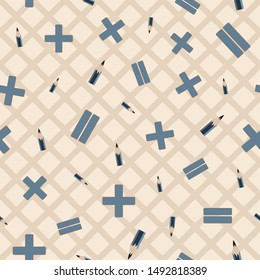 Vector illustration of pencils and math symbols on neutral criss cross background. Seamless pattern for back to school supplies, textile, gifts, wallpaper and scrapbooking.