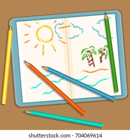 Vector Illustration: Pencils and Notebook with Colored Childs Sketch Drawings - Sun, Sky and Ocean.