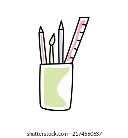 vector illustration of pencils and pens in doodle style