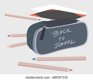 Vector illustration of pencils and school case with the inscription Back to school