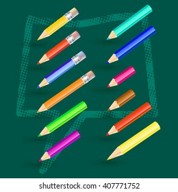Vector illustration with pencils and speech bubble.