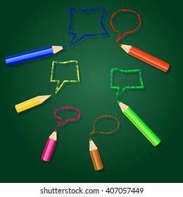 Vector illustration with pencils and speech bubbles.