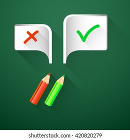 Vector illustration with pencils and speech bubbles on green background.