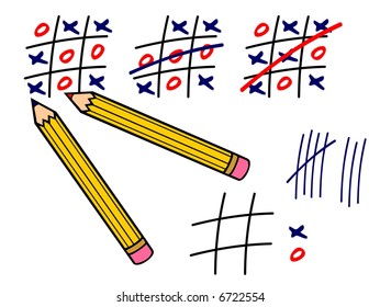 Vector illustration of pencils and tic tac toe game