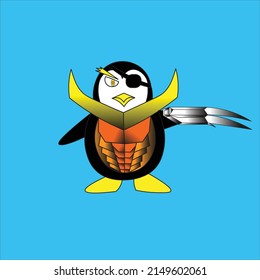 Vector illustration of penguin armed with claws wearing armor and blindfold