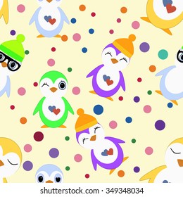 Vector illustration. Penguin with a ball, spectacled, with a camera. Seamless pattern.