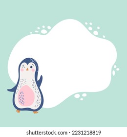 Ilustración vectorial del pingüino con marco de manchas en estilo plano. Plantilla con carácter lindo para el texto o la foto. Ideal para tarjetas, invitaciones, fiestas, kindergarten, preescolar, guardería.
