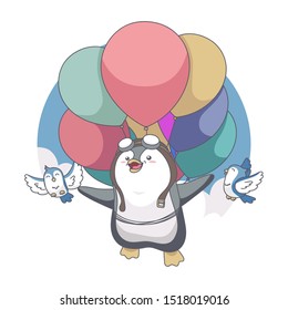 Vector Illustration of Penguin can Fly with birds and use balloon. 