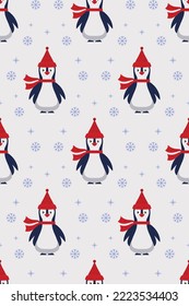 Vector illustration of a penguin in a cap with a decorative frame in an abstract style. Universal artistic template for design, banner, poster, flyer, greeting card, invitation. Pattern.