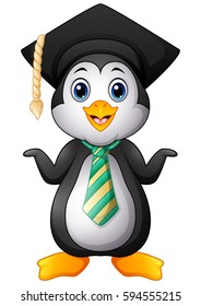 Vector illustration of Penguin cartoon with graduation cap and striped tie