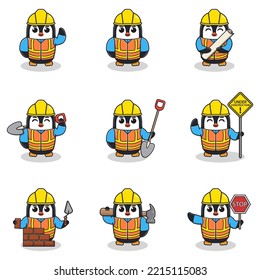 Vector illustration of Penguin character at construction site. Construction workers in various tools.Cartoon Animal characters in hard hat working at building site vector.