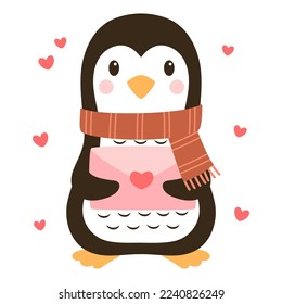 vector illustration of penguin character in red scarf with letter in envelope in cartoon style, greeting card