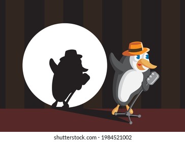 Vector illustration of penguin character singing on stage.