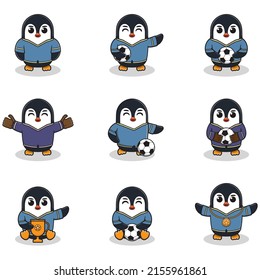 Vector illustration of Penguin characters playing soccer. Cute Penguin mascot playing football. Vector illustration bundle.