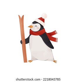 Vector illustration - penguin with christmas hat and scarf with ski. Funny cartoon arctic bird. Childish watercolor illustration. Winter character for kid. Perfect for prints, posters, home decor