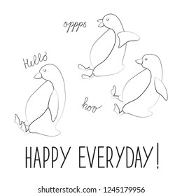 Vector illustration of penguin in comic style. Cool sticker for cover, poster, diary, notebook, case or fabric. Original funny drawings for prints.