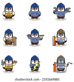 Vector illustration of Penguin Construction, builder, electrician, welder and handymen cartoon. Cute Penguin engineers workers, builders characters isolated cartoon illustration.